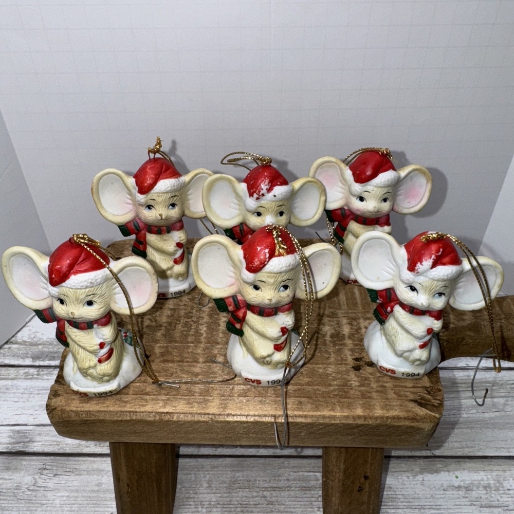 Vintage 1994 CVS Christmas 2 1/2" Porcelain Mouse Ornament Figurines SET OF 6